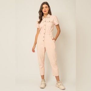 Utility Denim Jumpsuit in Baby Pink